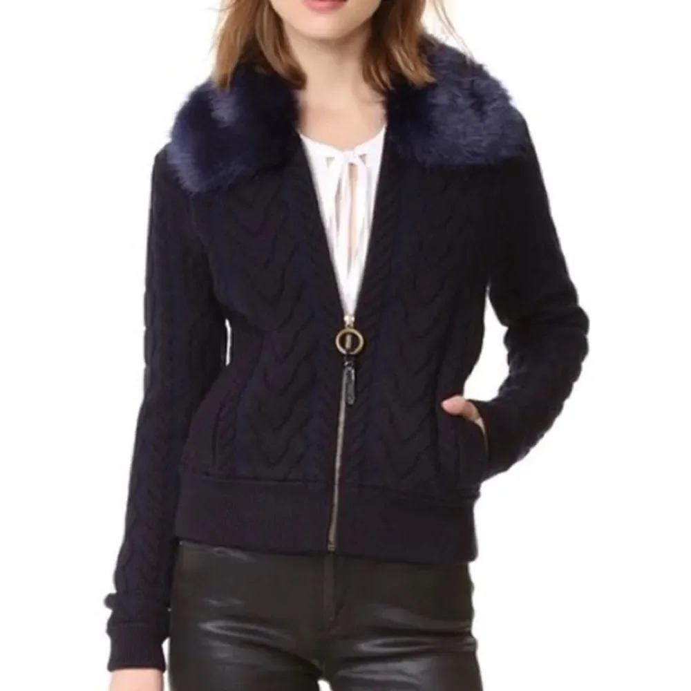 TORY BURCH Contraire Merino Wool Cable Knit Faux Fur Sweater Bomber Jacket XL
